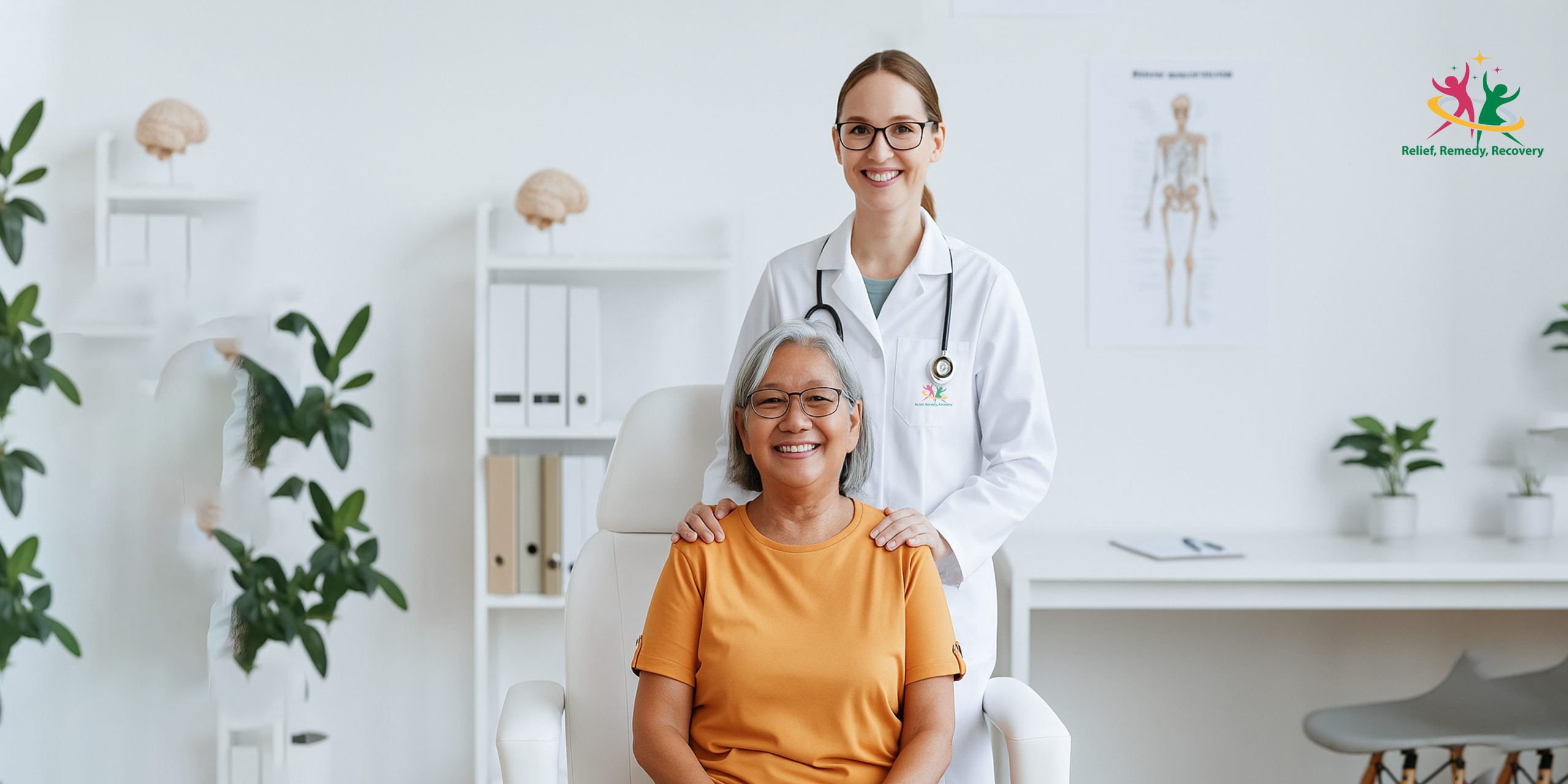 Elderly woman smiling after successful postural correction & sciatica recovery treatment, with her doctor in a clinic setting.