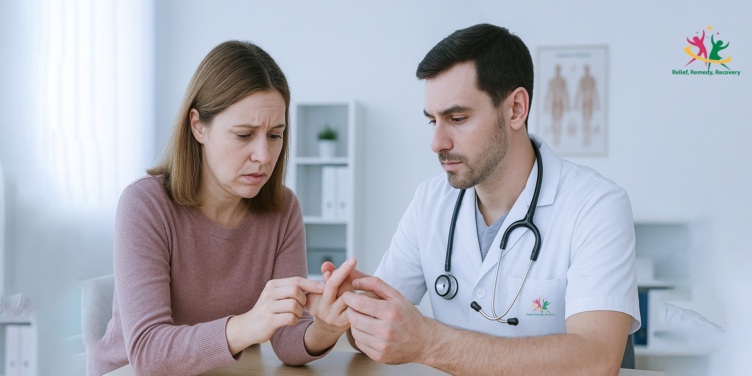 Doctor examining a patient’s finger during a Trigger Finger Recovery consultation.