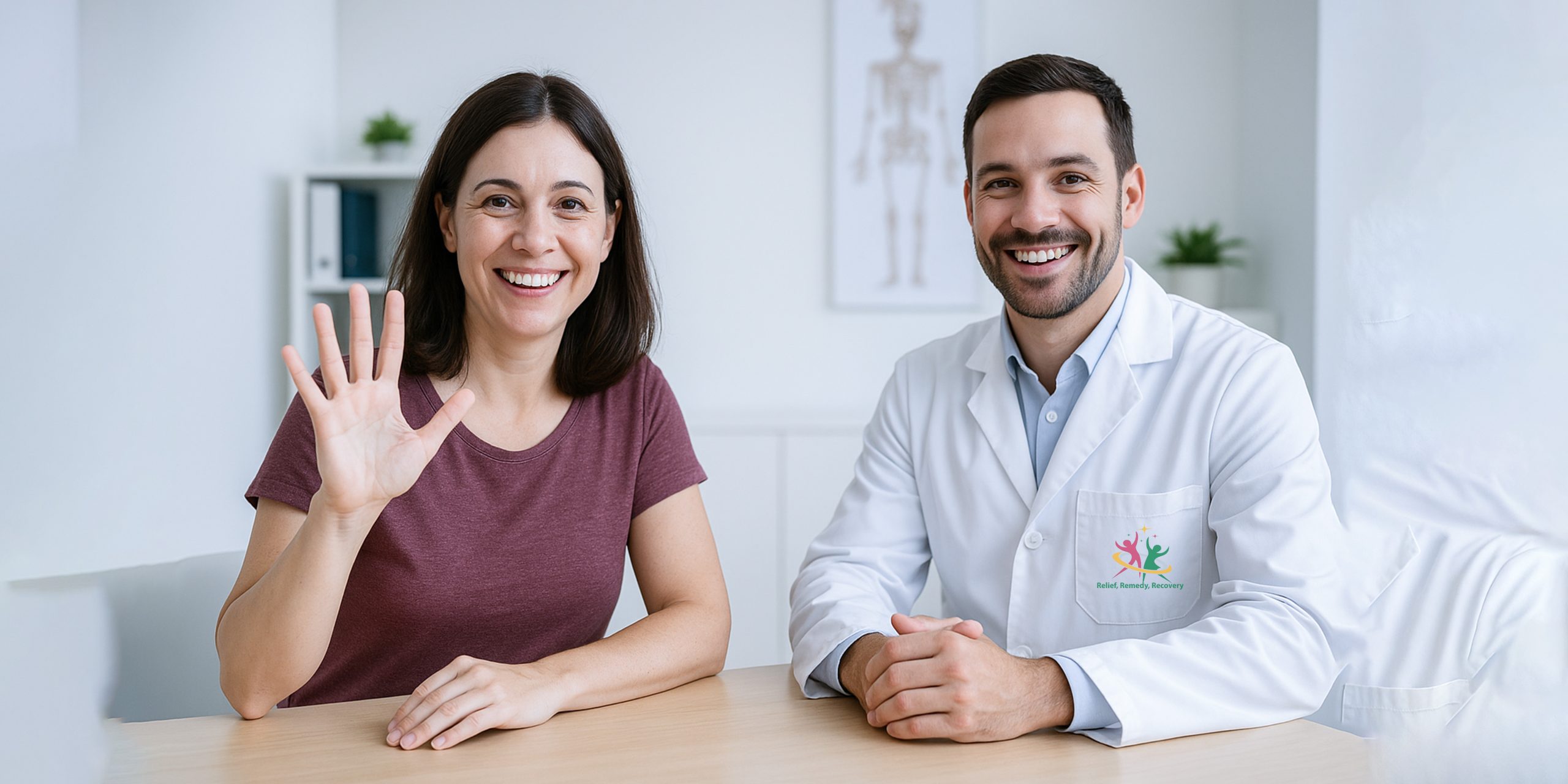 Trigger Finger Recovery – A smiling patient proudly demonstrates full finger extension after completing her treatment, joined by her supportive doctor.