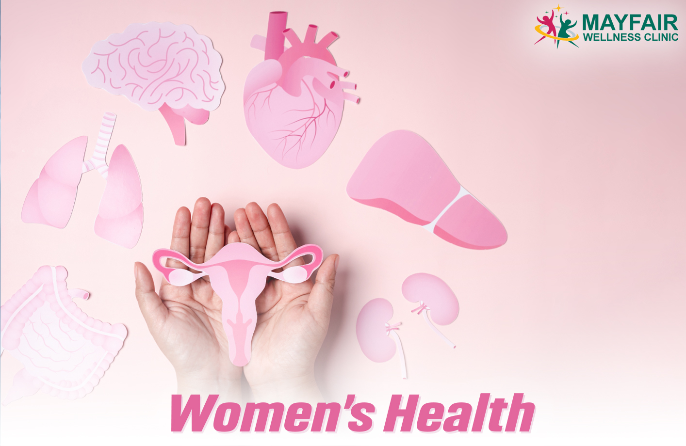 Hands holding a pink uterus illustration surrounded by other vital organ cutouts, representing women’s health awareness.